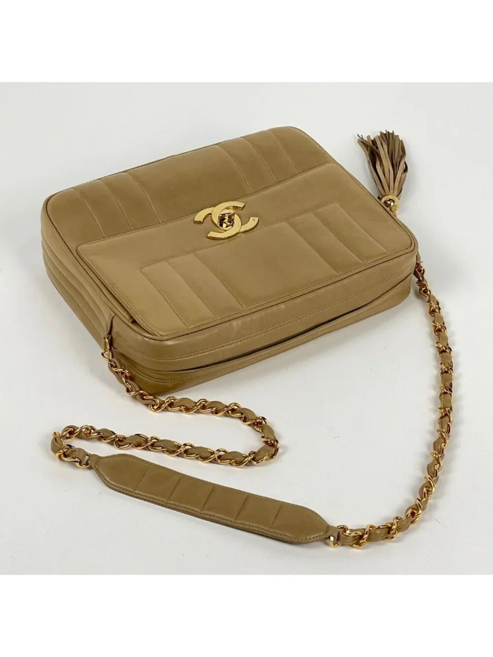 Chanel Shoulder Bag CC Logo Mademoiselle Leather Beige